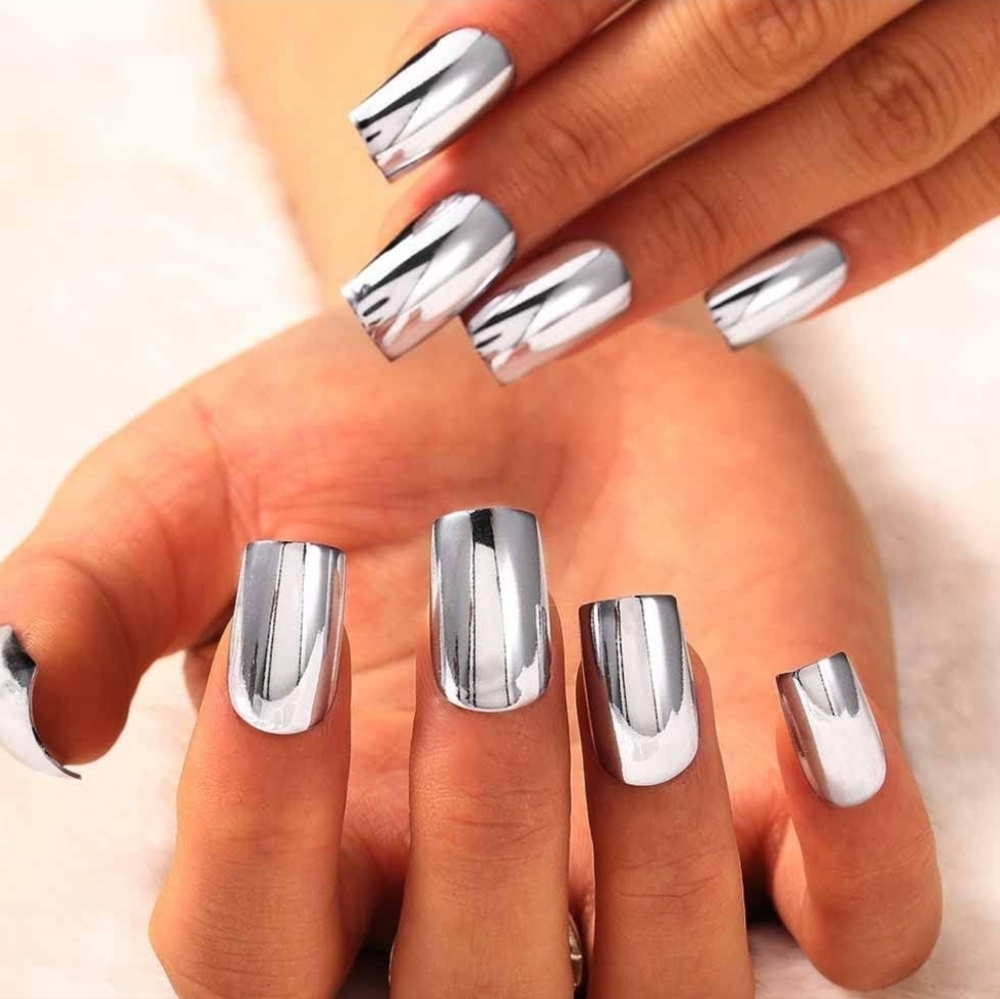 SILVER CHROME MIRROR PRESS ON GLUE ON NAILS 💅 SALON QUALITY GLUE & FILE - Picture 2 of 14